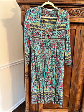 R. Vivimos Women's Long Sleeve Floral Print Midi Dress Blue & Red Large Like New